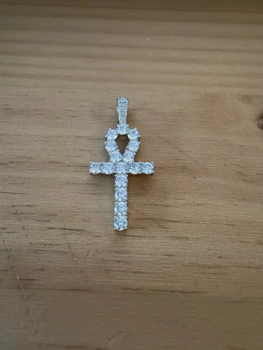 GLD Iced Ankh Cross Pendant 5 Grams of 14 k White Gold Plating 20mm x 35mm